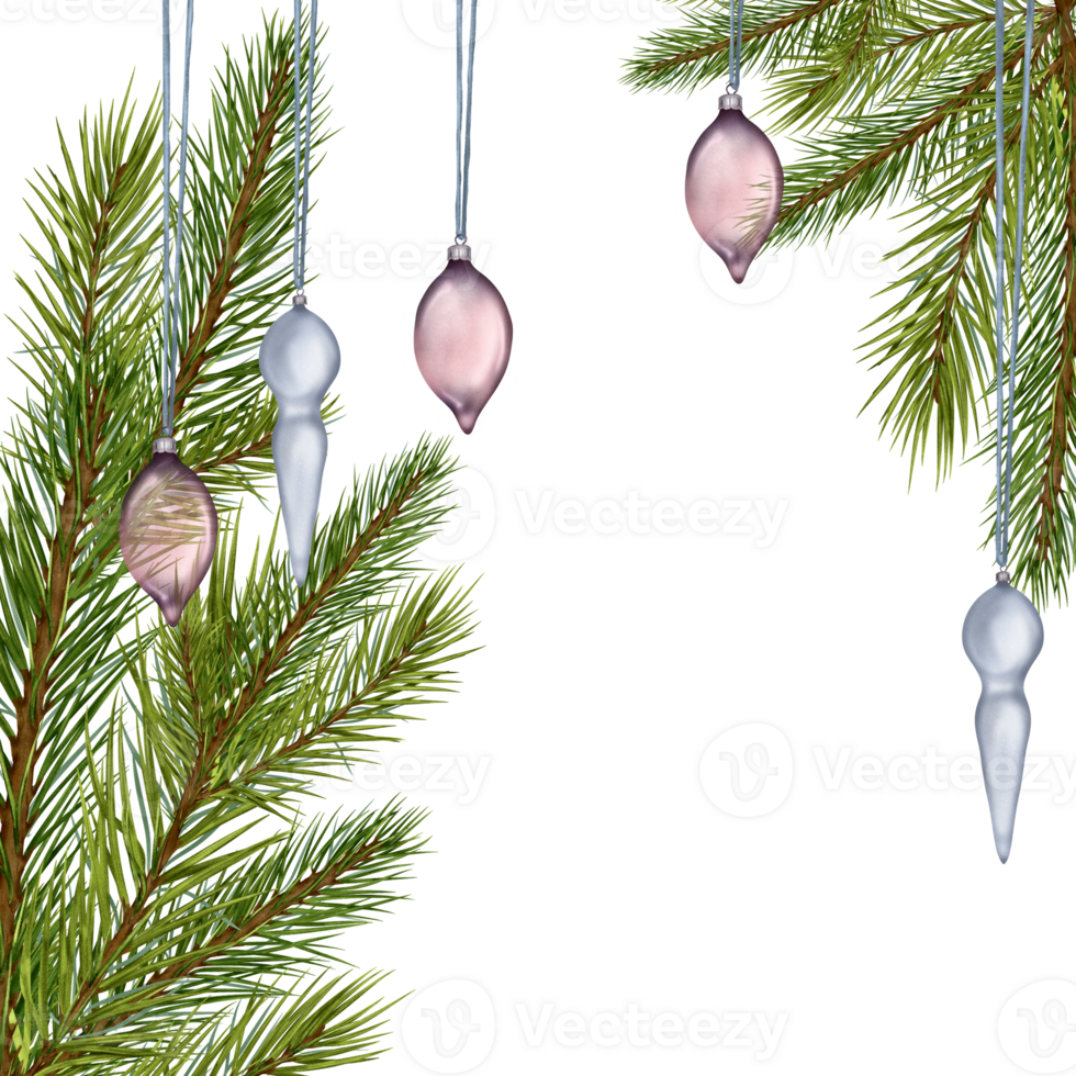 Frame of fir tree branches with Christmas ornaments, balls pastel colors digital illustration. Spruce branches. Element for design Christmas package, card, invitation. png