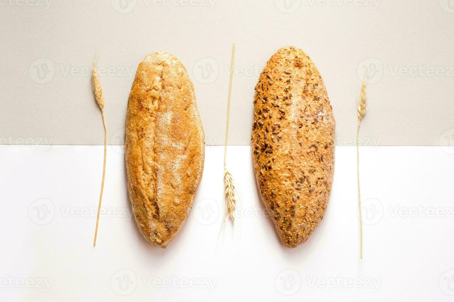 Various types of bread and wheat on a white and gray background. photo