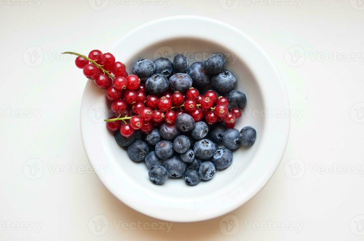 Blueberries and red currants in a bowl on a white background photo