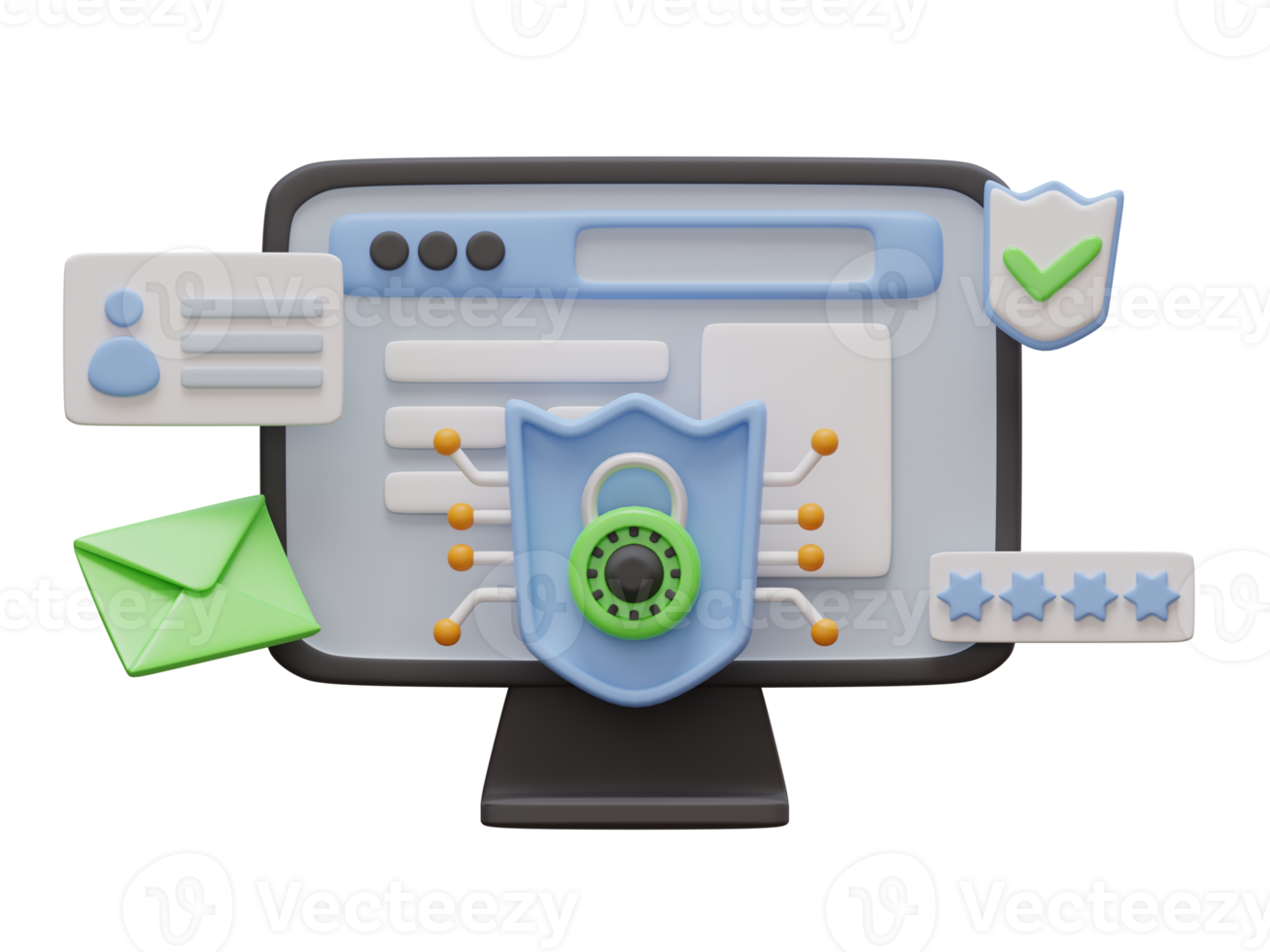 Personal data protection, safety law, laptop with open website. Cyber security 3d render png