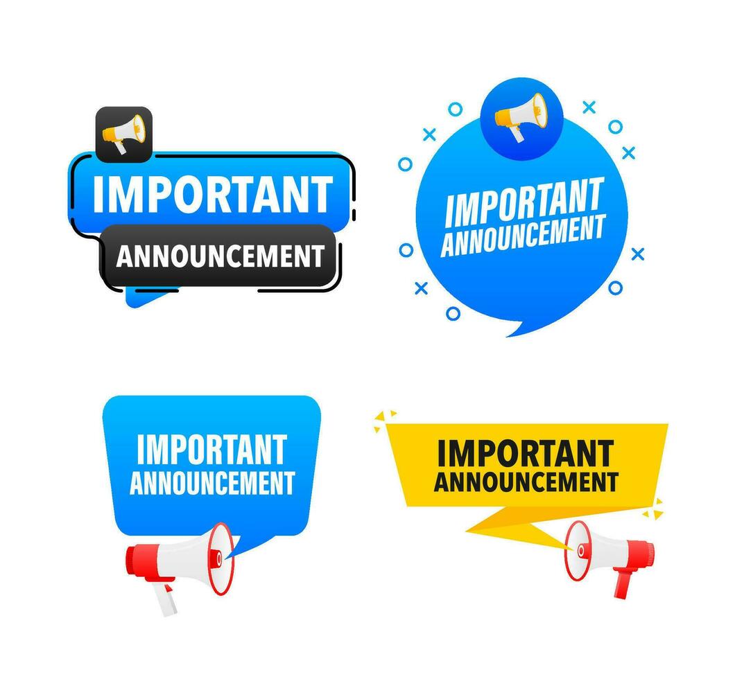 Megaphone label set with text important announcement. Important announcement announcement banner vector