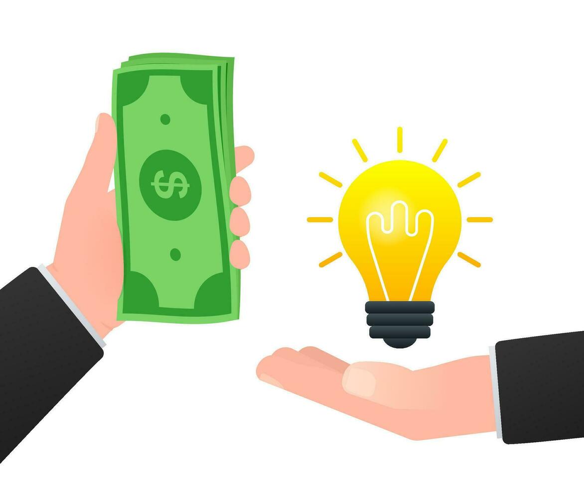 Idea for money. Hand holds money and light bulb. Crowdfunding concept. Exchanging ideas for money. vector