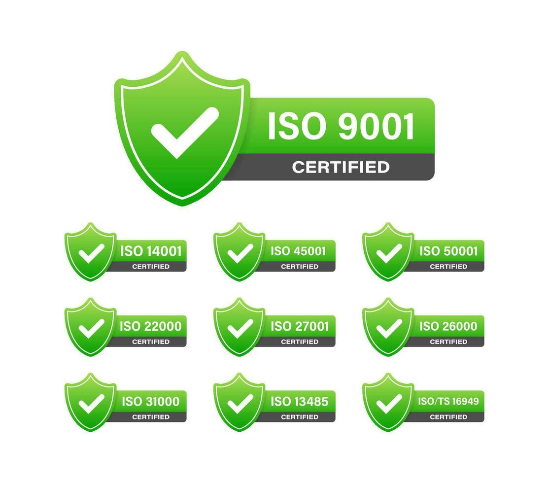 ISO certified set stamp and labels. Quality management system certified vector