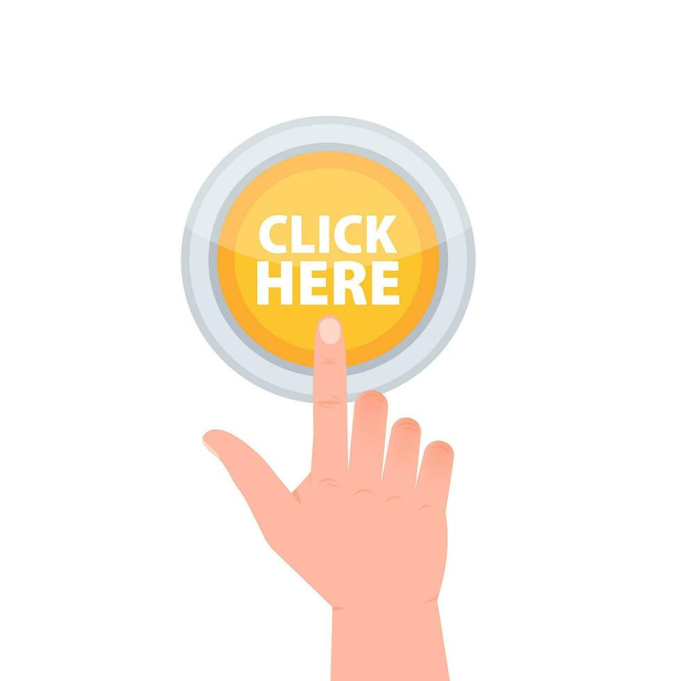 Red button with help text click here. Hand pressing click here button vector