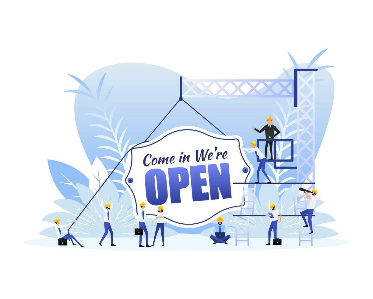 Come in we are open sign door, many people. Vector illustration