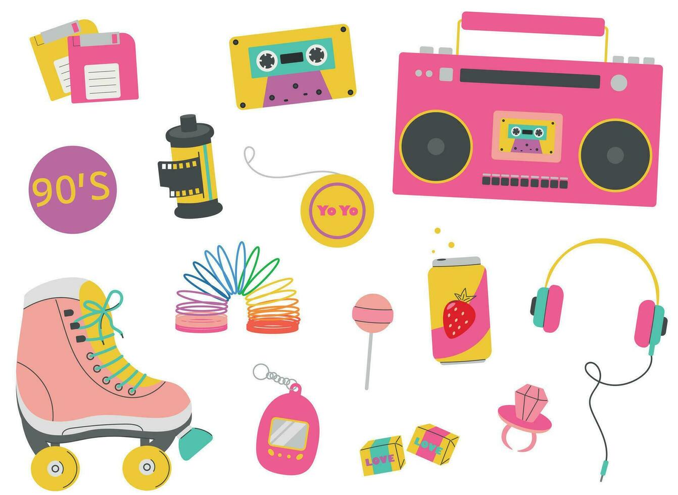 Vector set of classic 90s elements in flat style, roller skates, headphones, floppy disk