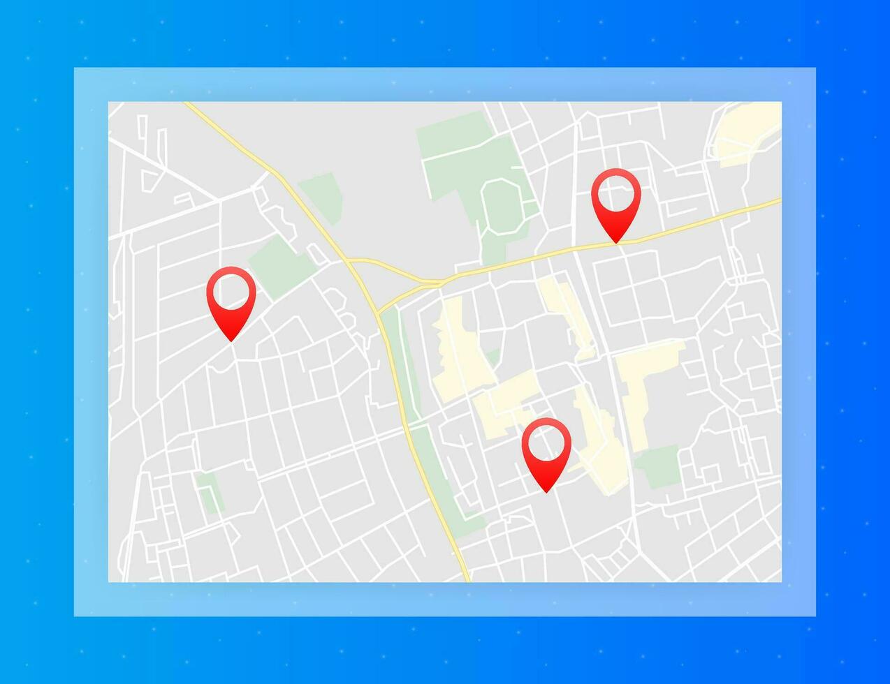 City map with pins. Gps navigation route with pointers. Town roads and residential blocks. vector