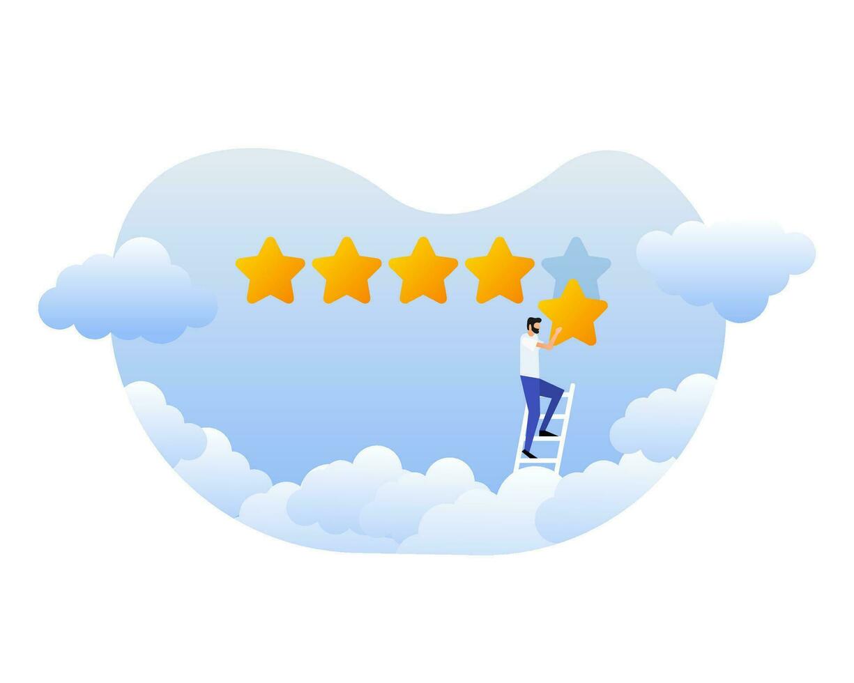 Customer review with gold star icon in laptop screen. People in flat style. Vector illustration
