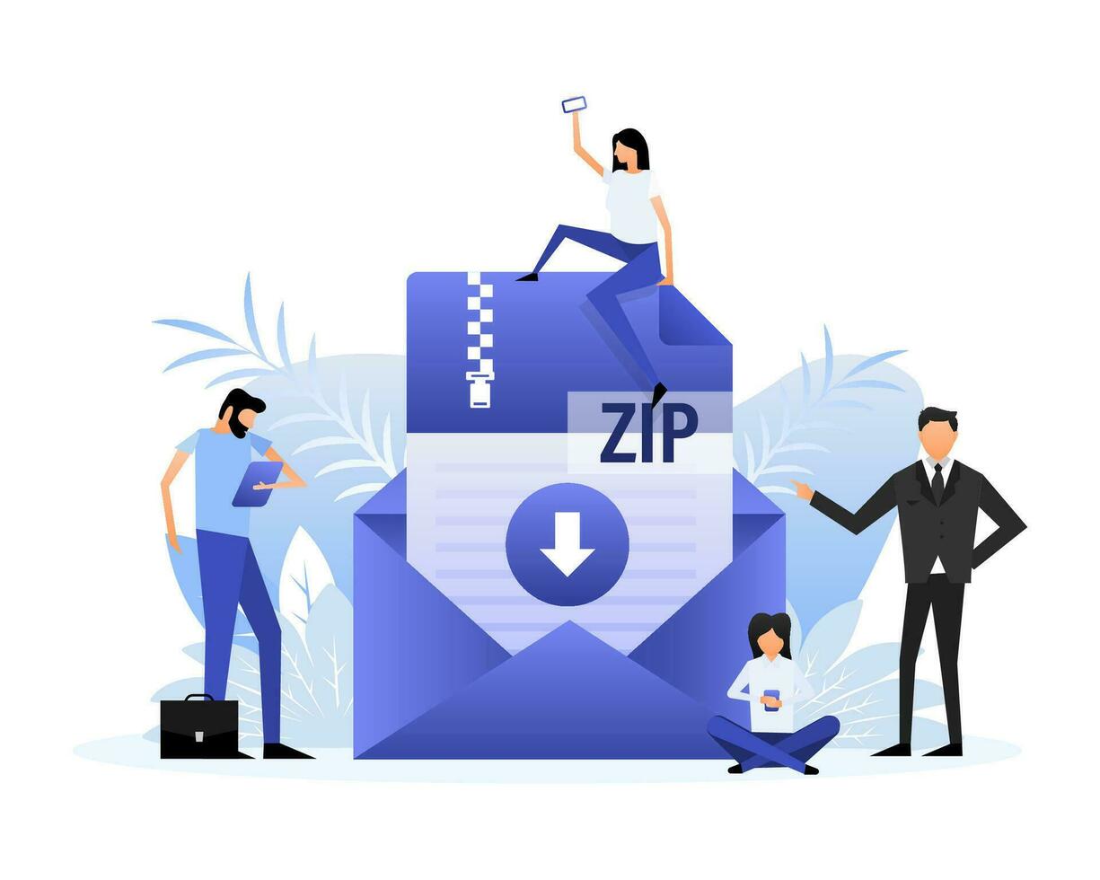 Download zip file. Group of people with zip document. Isometric vector. Icon vector