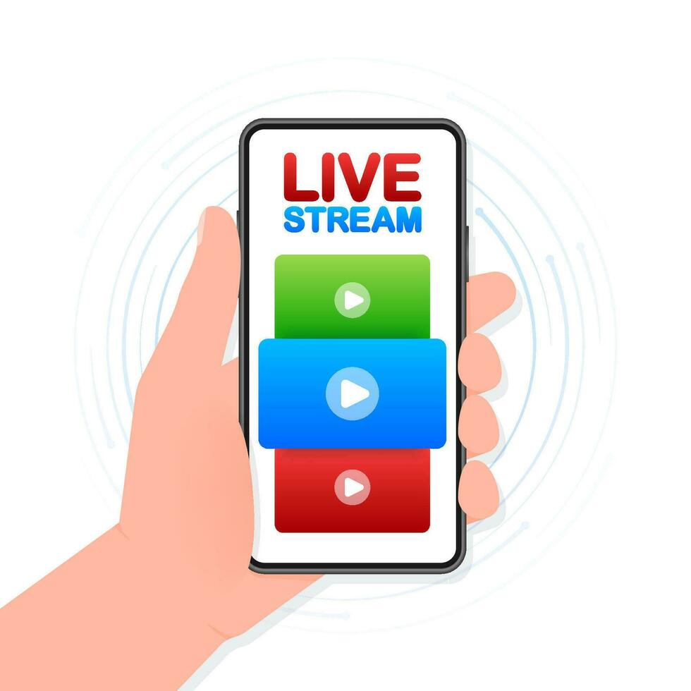 Live stream with smartphone - red vector design element with play button for news and TV or online broadcasting.