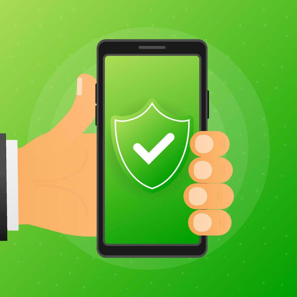 Hand holds phone with secure sign on screen on green background. Vector illustration.