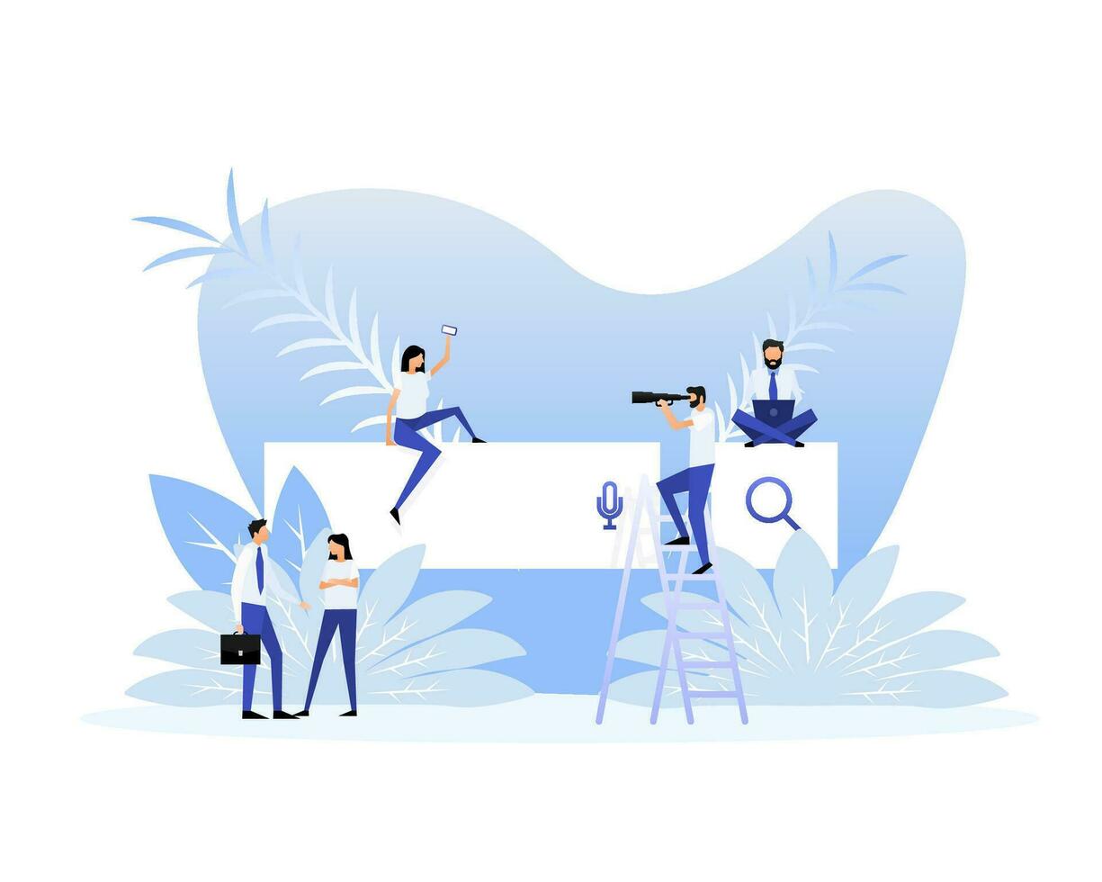 Search people. Flat concept isometric illustration, search in search engines vector