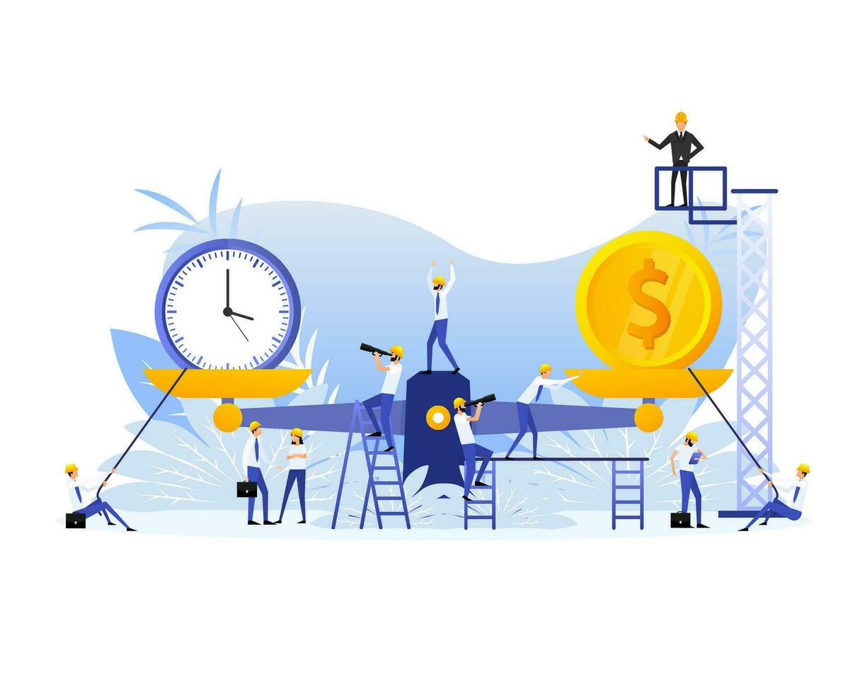 Time is money on scales icon. Flat people. Money and time balance on scale vector