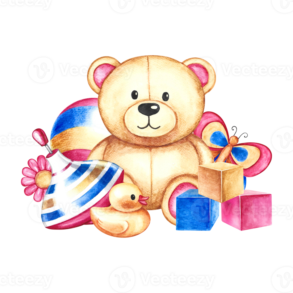 Children's toys, a teddy bear, a ball, a spinning top and cubes. Handmade watercolor illustration. For the design of children's books, postcards and flyers. For labels of packaging of children's goods png