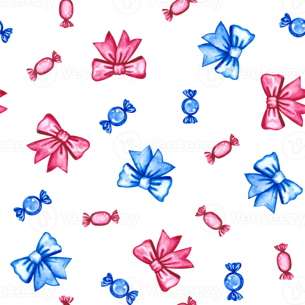 Children's seamless pattern with cute blue and red candies and bows. Handmade watercolor illustration. For packaging paper, textiles, children's clothing, greeting cards, labels and packages. png