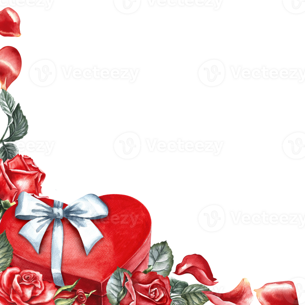 A frame with a red heart-shaped gift box with a white bow decorated with roses. Hand-drawn watercolor illustration. For Valentine's day, wedding, birthday. For packaging, flyer, poster and postcard. png
