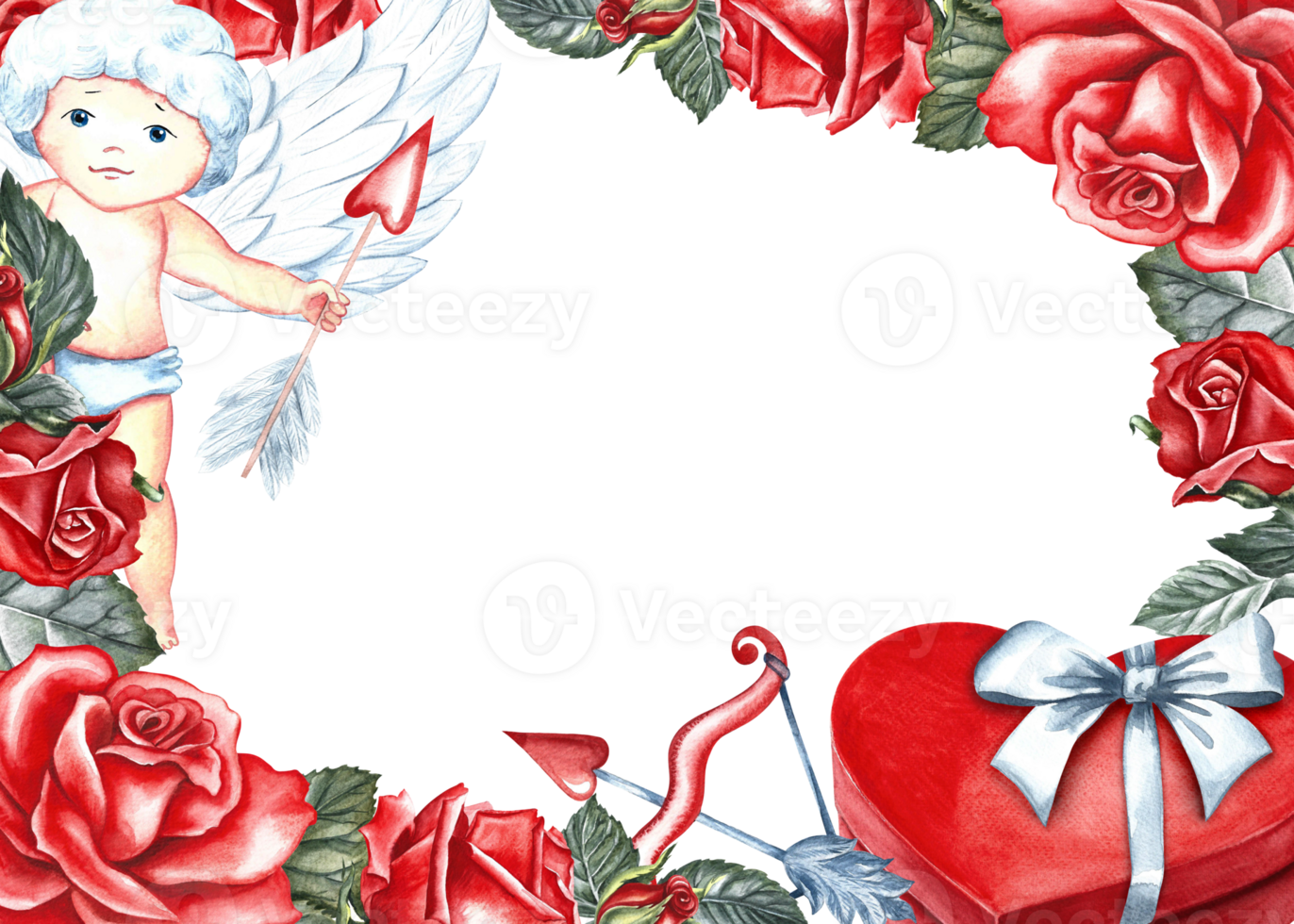 A frame with red roses, cupids and a heart-shaped gift box. Hand-drawn watercolor illustration. A greeting card for lovers, for Valentine's Day and wedding. Also suitable for packaging, poster, flyer png