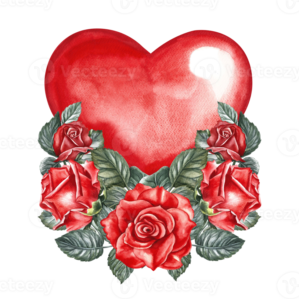 Red watercolor heart decorated with roses. Hand-drawn watercolor illustration. A design element of a Valentine's day card, a wedding invitation. For packaging and labels, posters and leaflets, prints. png