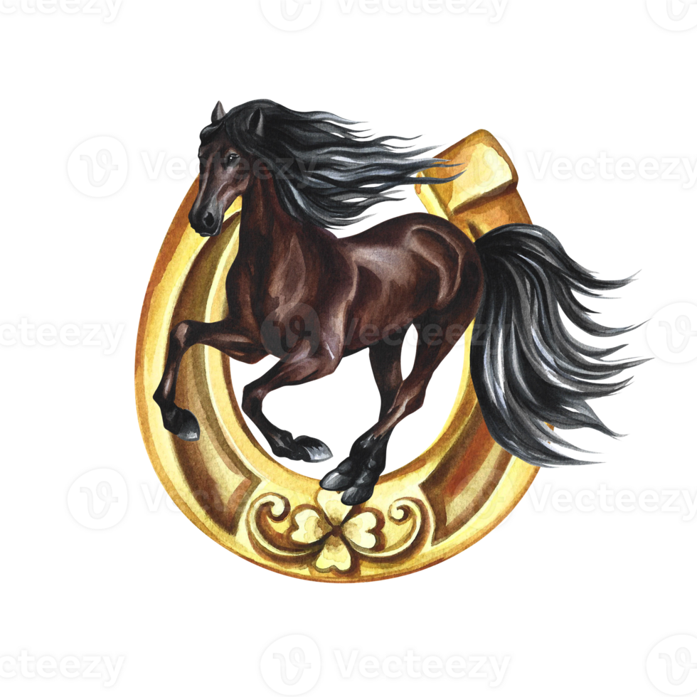 Running horse. Hand watercolor. Brown horse isolate. For printing, stickers and labels. For postcards, business cards png