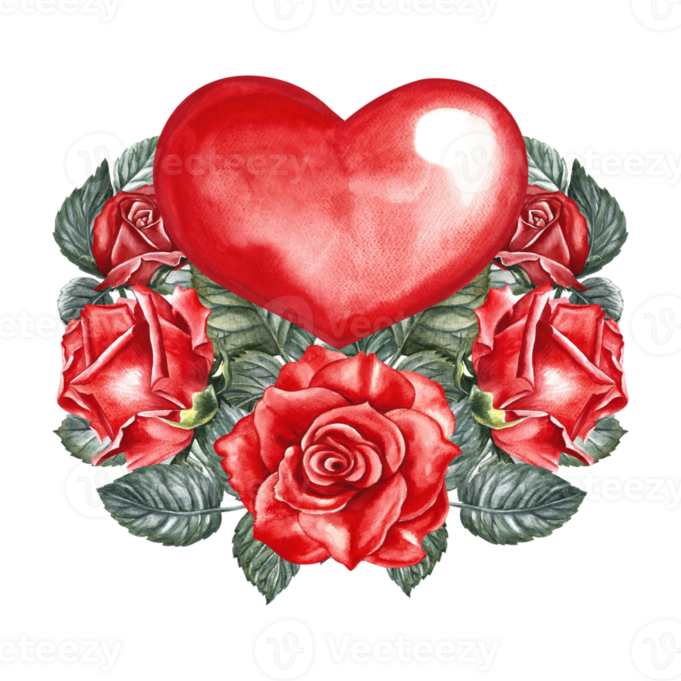 rouge aquarelle cœur décoré avec des roses. dessiné à la main aquarelle illustration. une conception élément de une la Saint-Valentin journée carte, une mariage invitation. pour emballage et Étiquettes, affiches et dépliants, impressions. png