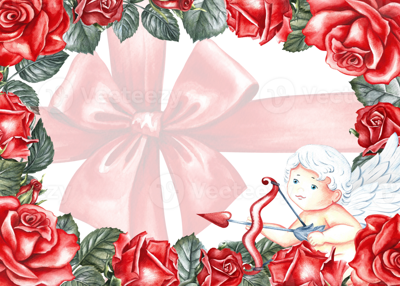 A frame with red roses and a cupid and a red bow. Hand-drawn watercolor illustration. A greeting card for lovers, for Valentine's Day and wedding. Also suitable for packaging, posters and flyers. png