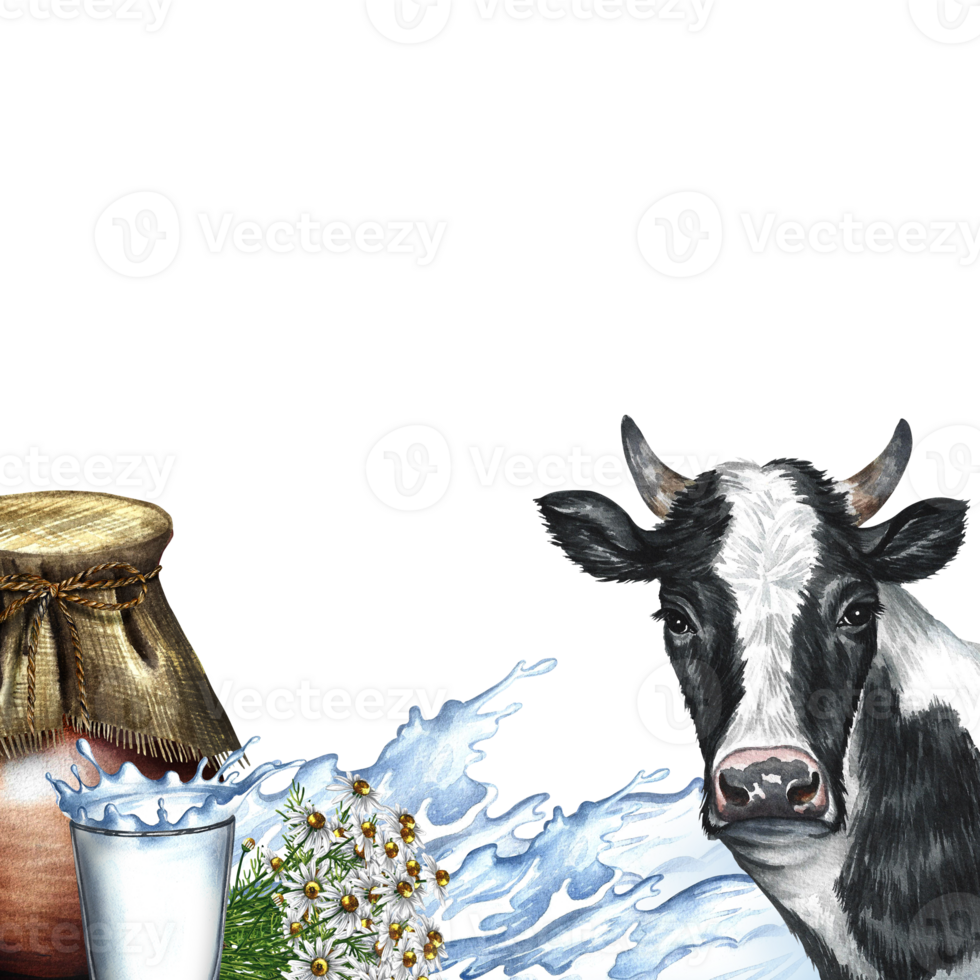 een kader met een koe en zuivel producten en een plons van melk. een hand getekend waterverf illustratie. voor melk reclame banier, verpakking van zuivel Product etiketten. voor affiches, afdrukken, bedrijf kaarten. png