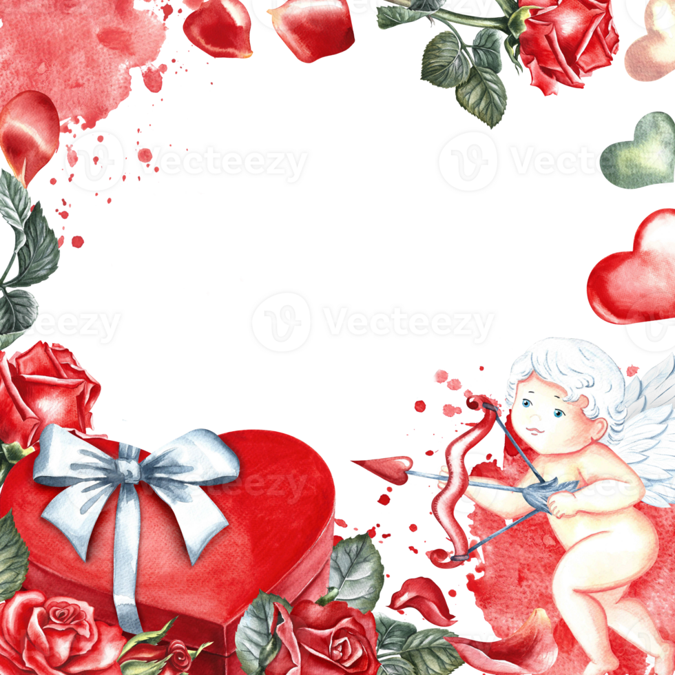 A red heart-shaped gift box with a white bow and a cupid decorated with roses. Hand-drawn watercolor illustration. For Valentine's Day, wedding. For packaging, leaflets, posters and banners, postcard. png