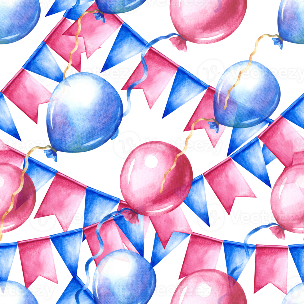 Seamless pattern with festive flags, garlands and balloons in blue and pink. Handmade watercolor illustration. For greeting cards, holiday decorations, gift wrapping paper. png