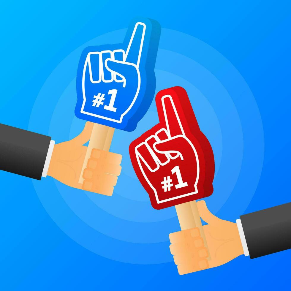 Hands hold red and blue of handsome fan hand glove with foam finge. Vector illustration.