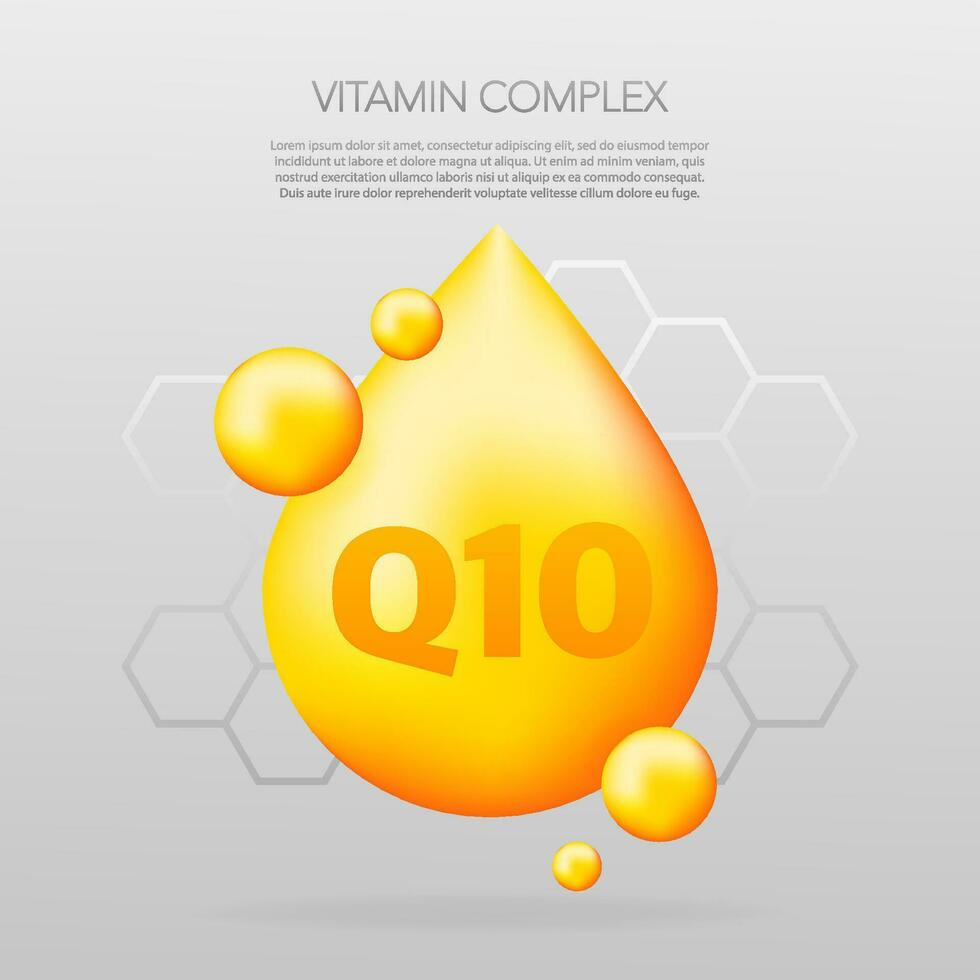 Vitamin complex Q10 with realistic drop on gray background. Particles of vitamins in the middle. Vector illustration.