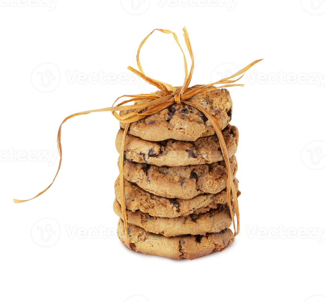 Freshly baked chocolate chip cookies tied with a ribbon png