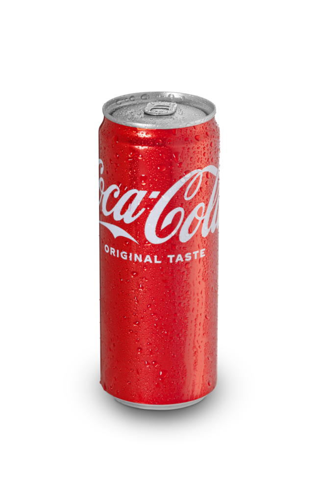 Aluminum can of Coca-Cola with water drops isolated on transparent background png