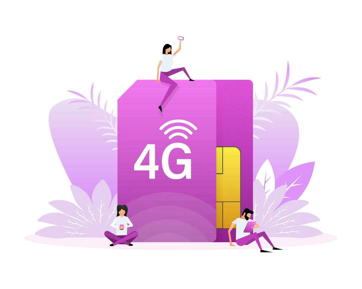 4G Sim Card. 4G technology background. Flat style characters vector