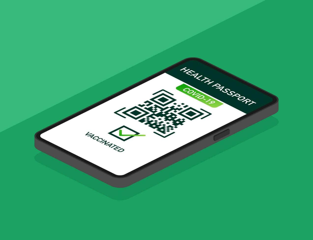 salud pasaporte qr código en lineal estilo en verde antecedentes. coronavirus vacunación. vacuna certificado tarjeta vector