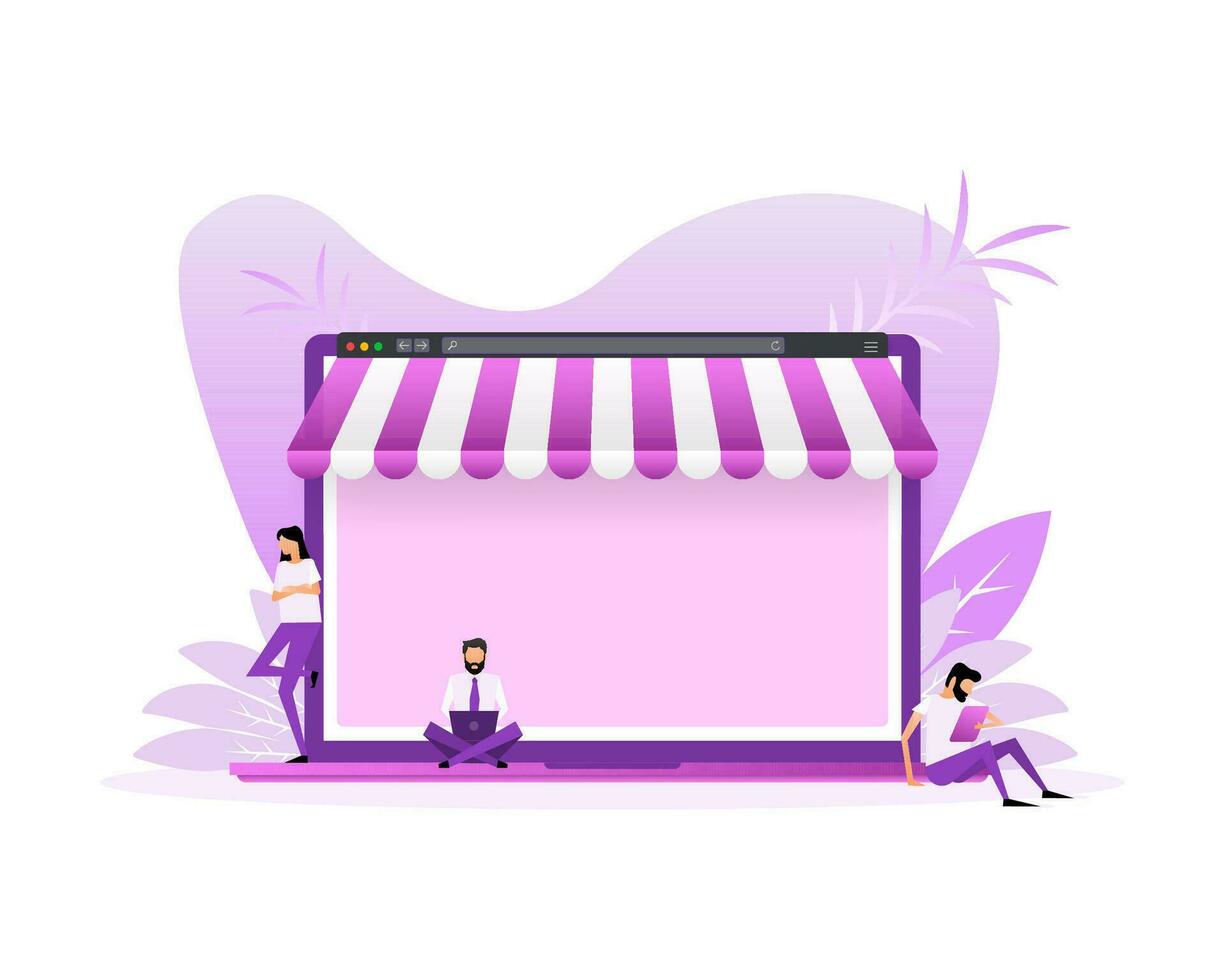 Laptop with and screen buy. Flat style characters. Concept online shopping vector