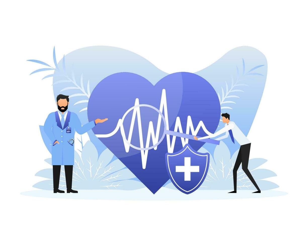 Flat illustration with cardiogram people doctor. Vector flat illustration