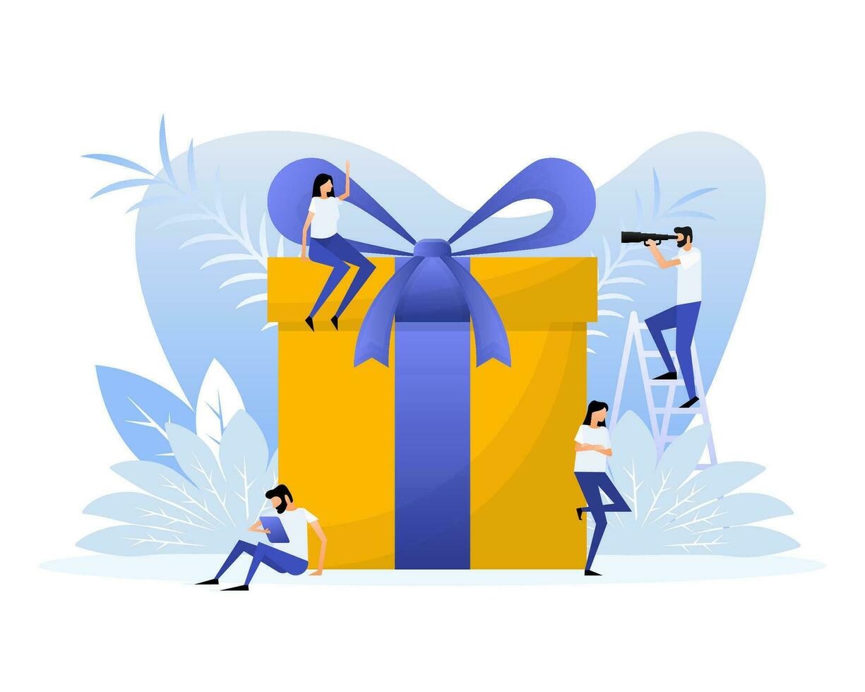 Flat style gift box people for promotion design. Flat vector illustration