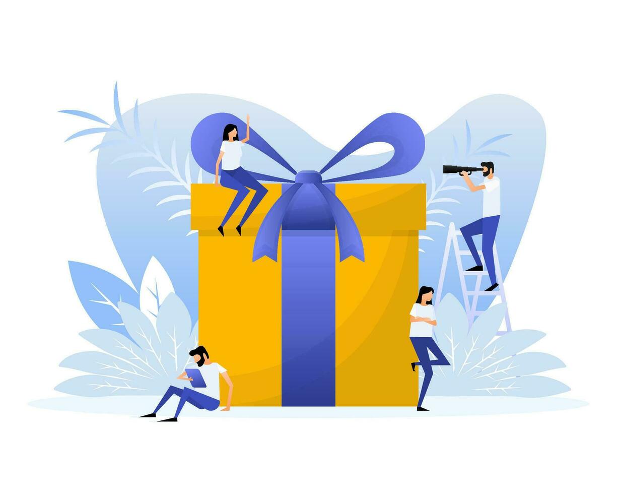 plano estilo regalo caja personas para promoción diseño. plano vector ilustración