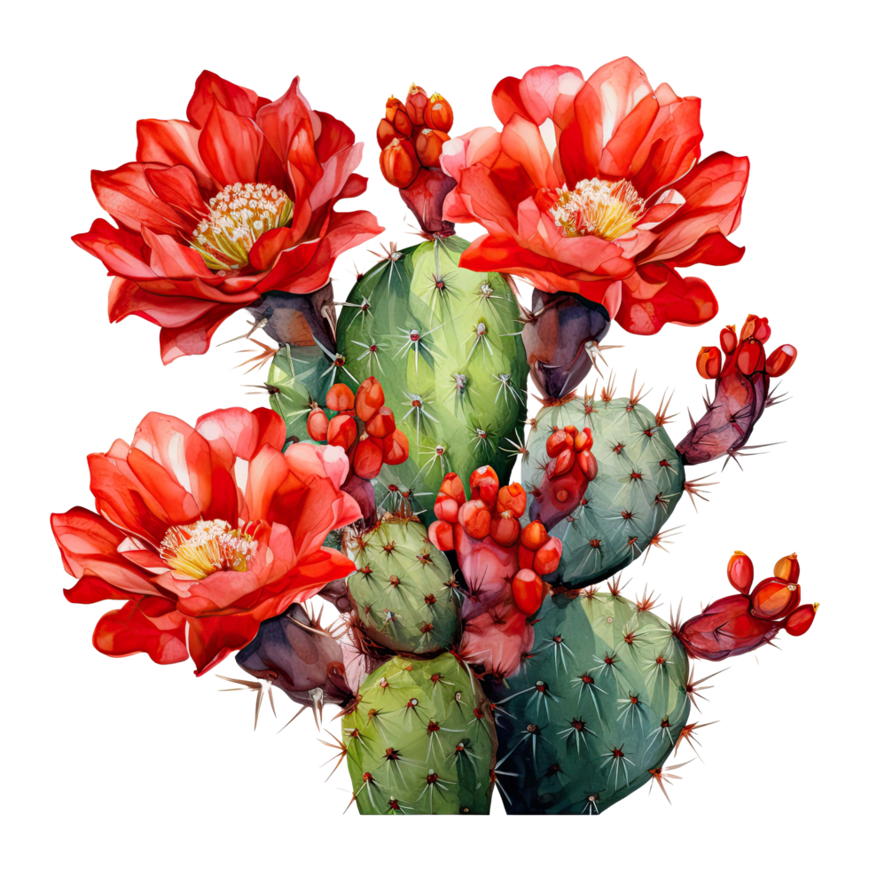 AI generated Watercolor Vibrant Cactus with Red Flowers Isolated transparent background png