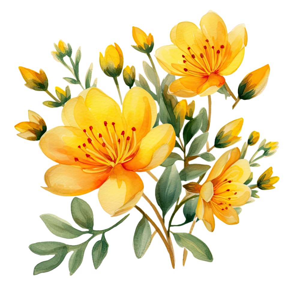 AI generated Watercolor yellow hypericum flowers with leaf isolated on transparent background. png