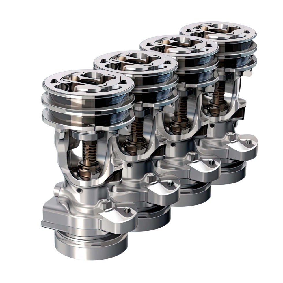 AI generated V4 engine pistons on crankshaft isolated on transparent background png