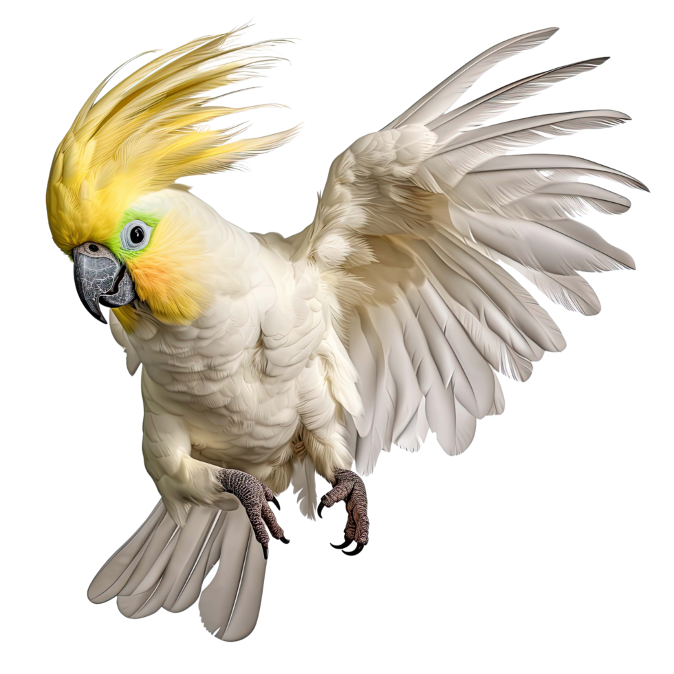 ai generato bellissimo cacatua pappagallo volante isolato su trasparente sfondo png