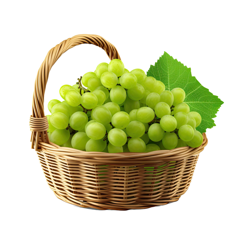 AI generated Appetizing green grapes in a wicker basket isolated on transparent background... png