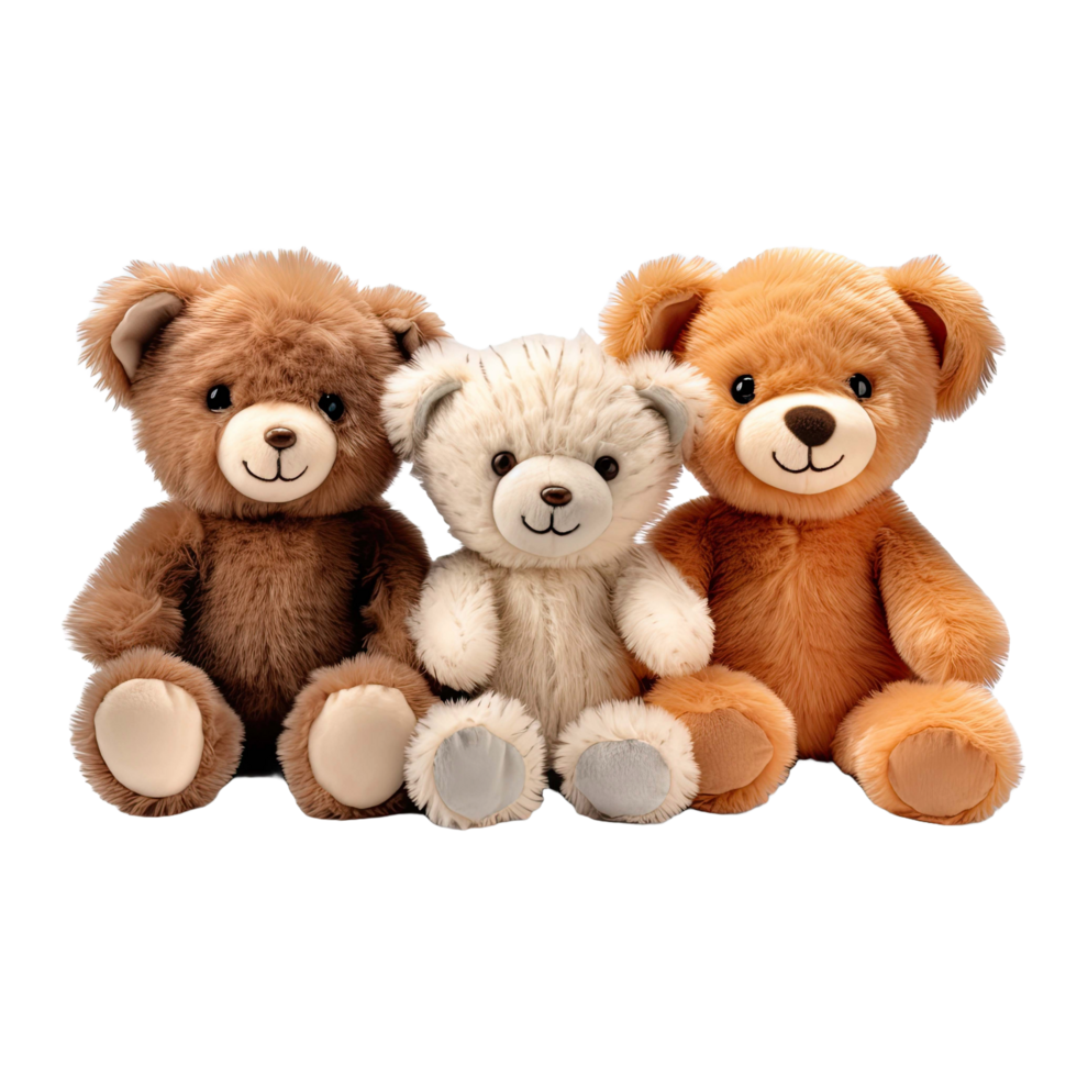 AI generated cutout set of 3 stuffed animal toys isolated on transparent background png