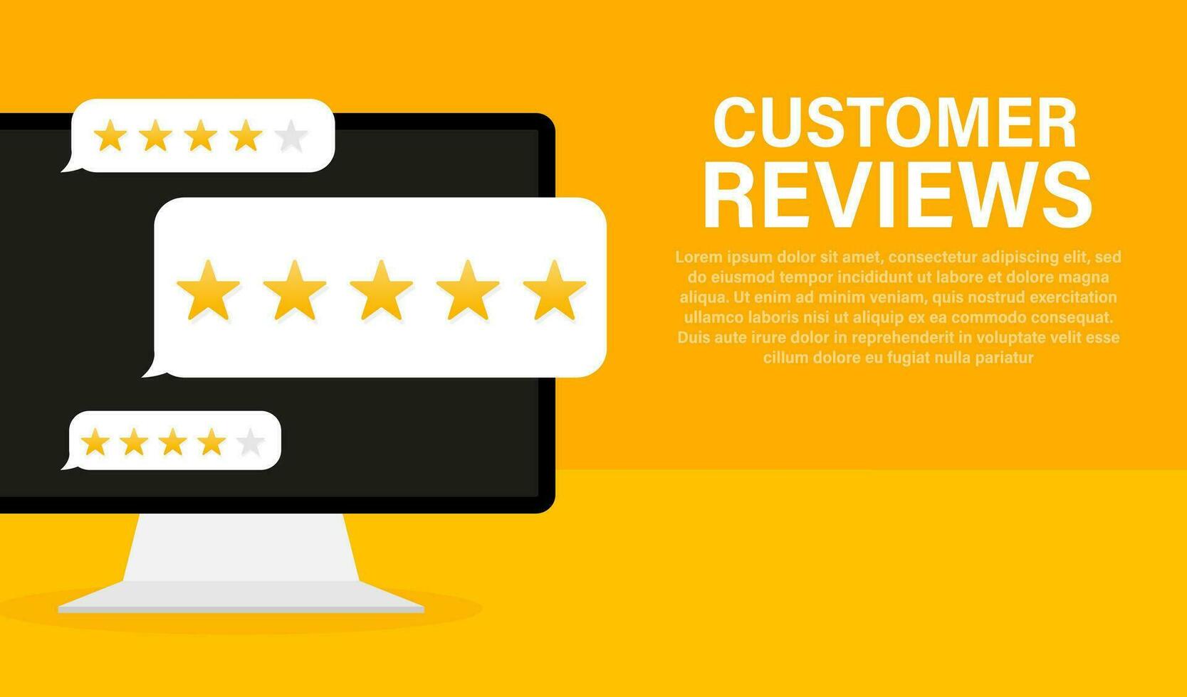 Customer review with gold star icon in laptop screen. Vector illustration.