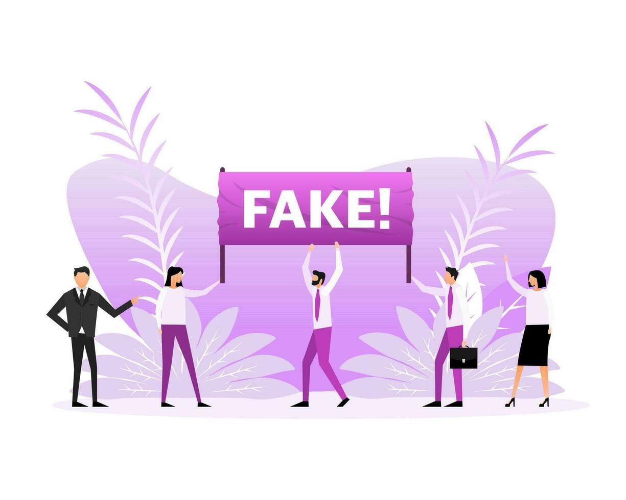 People holding a poster with text Fake. Vector illustration.