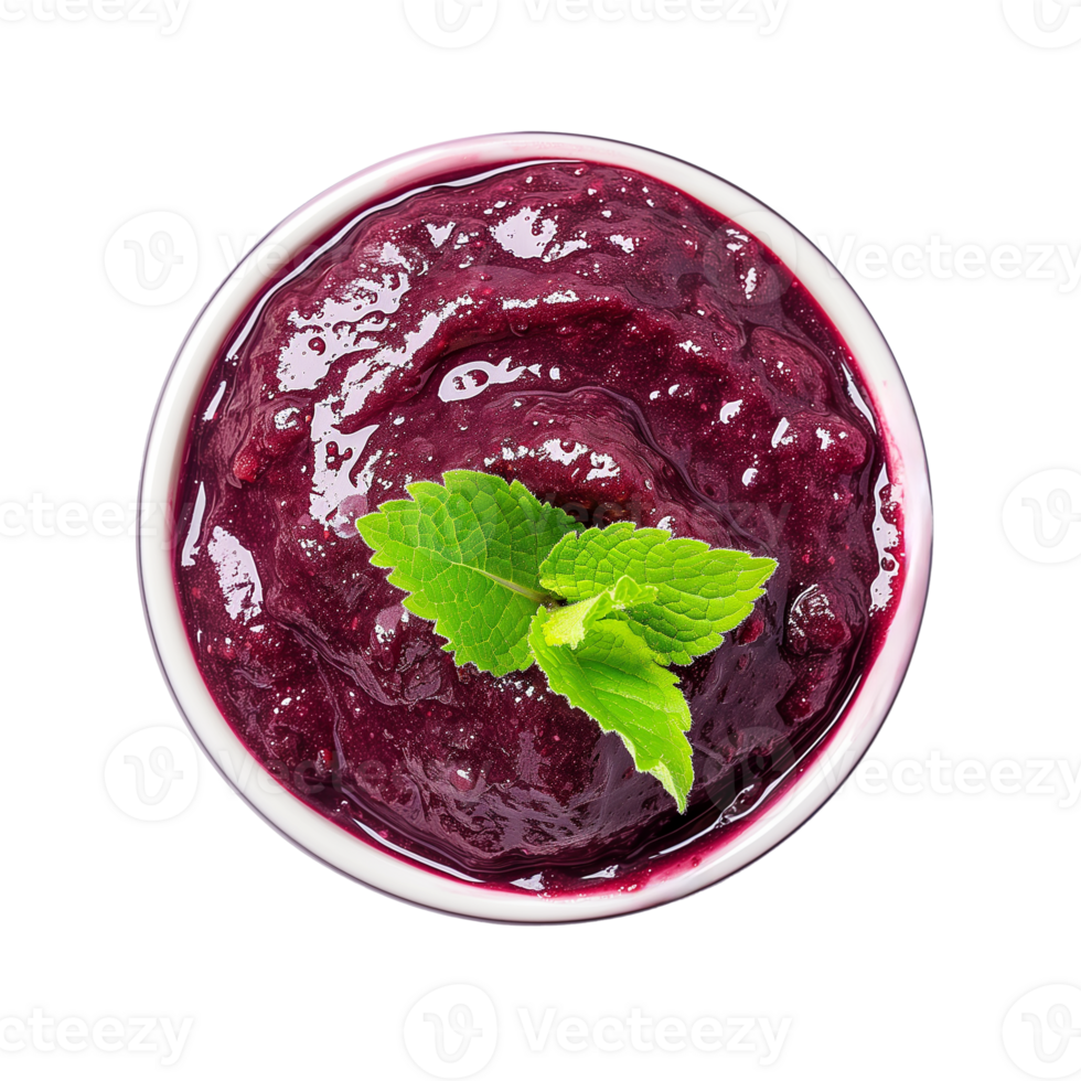AI generated A bowl of acai berry smoothie garnished with a mint leaf top view isolated on a transparent background png