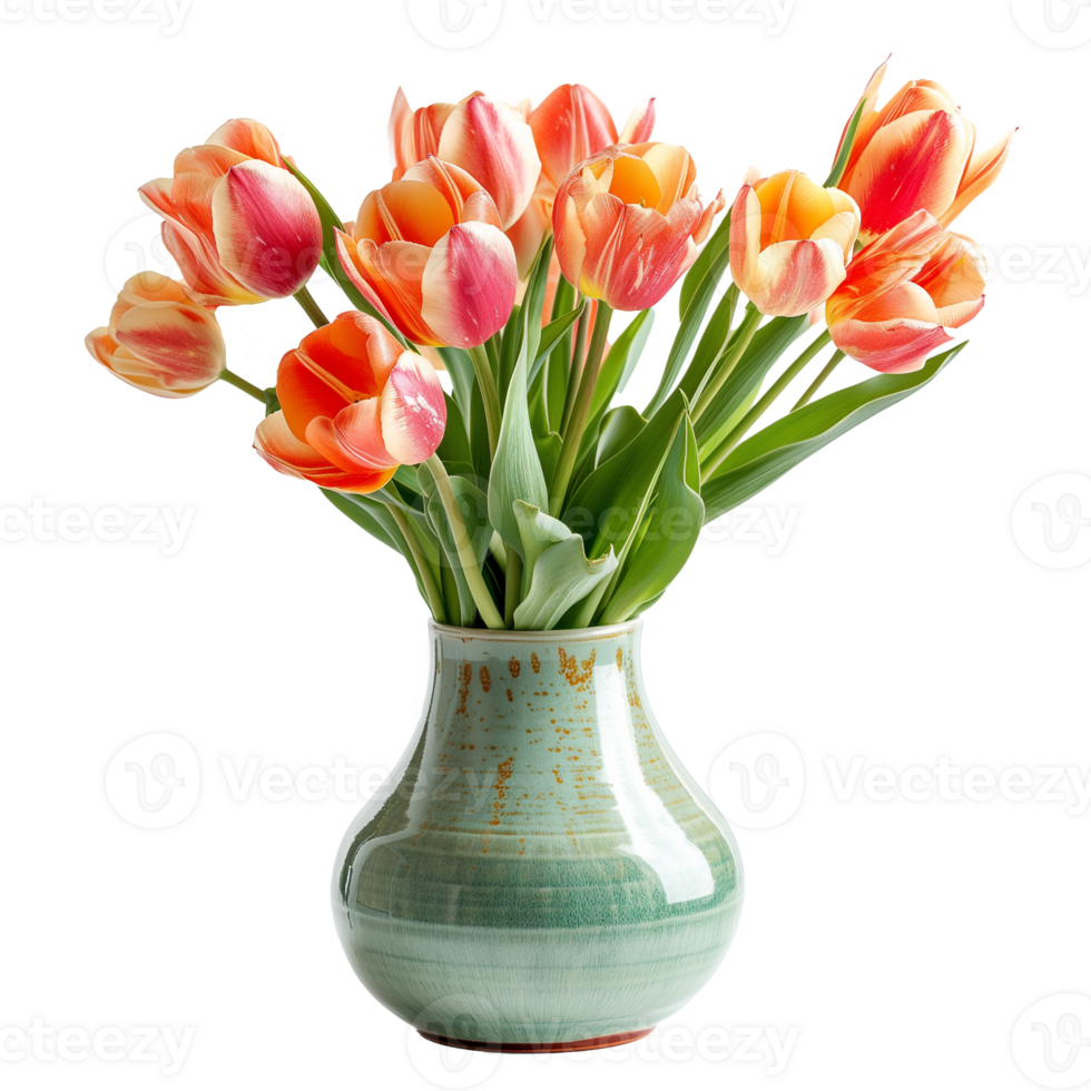 AI generated A ceramic vase with fresh tulips isolated on a transparent background png