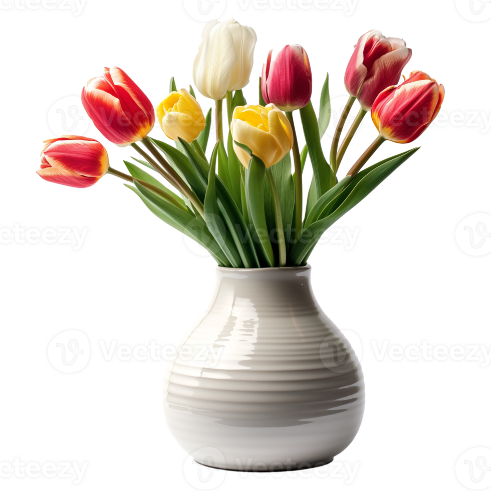 AI generated A ceramic vase with fresh tulips isolated on a transparent background png