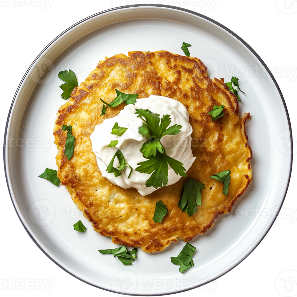 AI generated A plate of chickpea pancake with a dollop of cashew sour cream top view isolated on a transparent background png